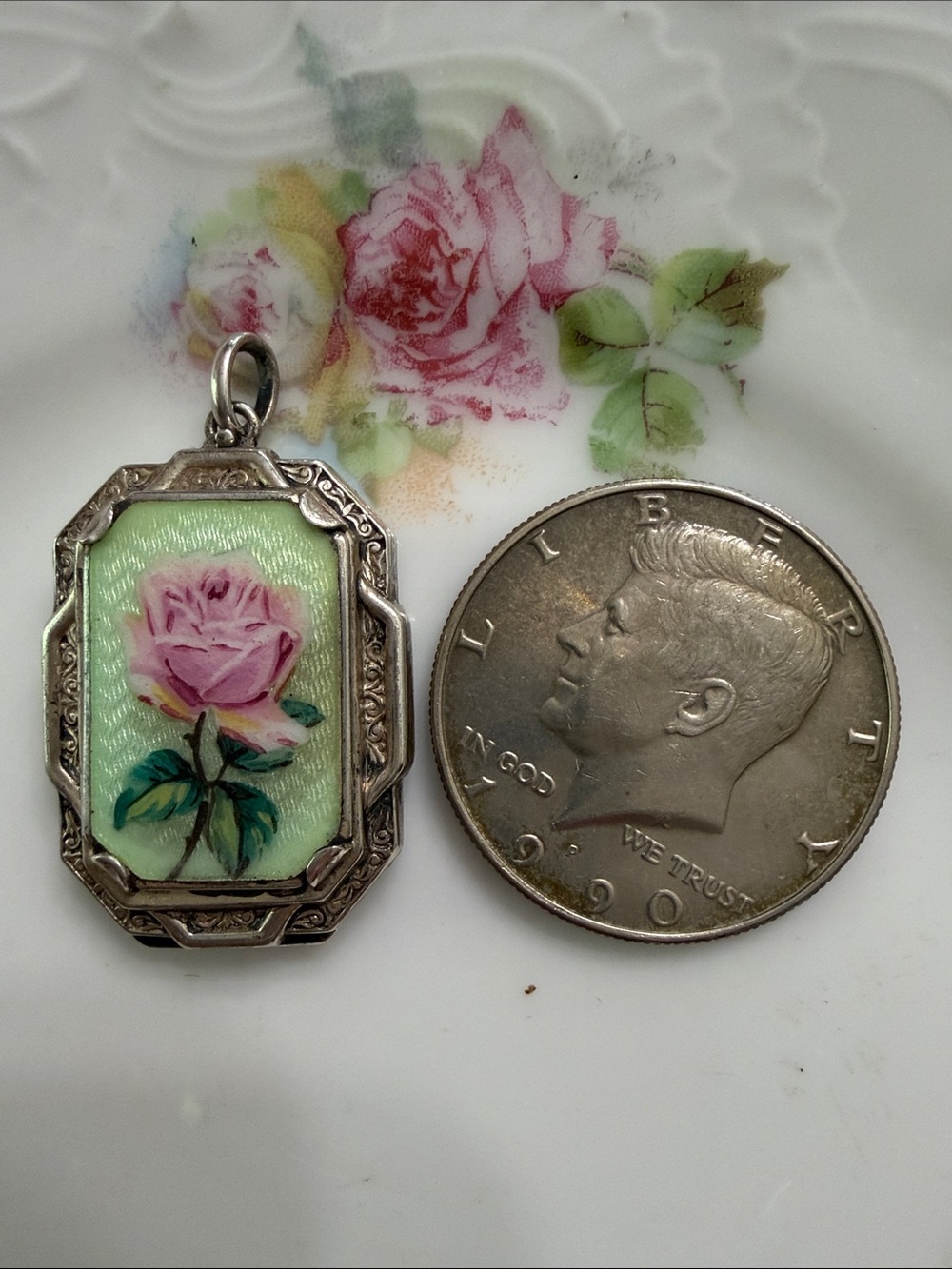 Gorgeous Antique European Sterling Guilloche Mint Green W/Pink Rose Locket Firm